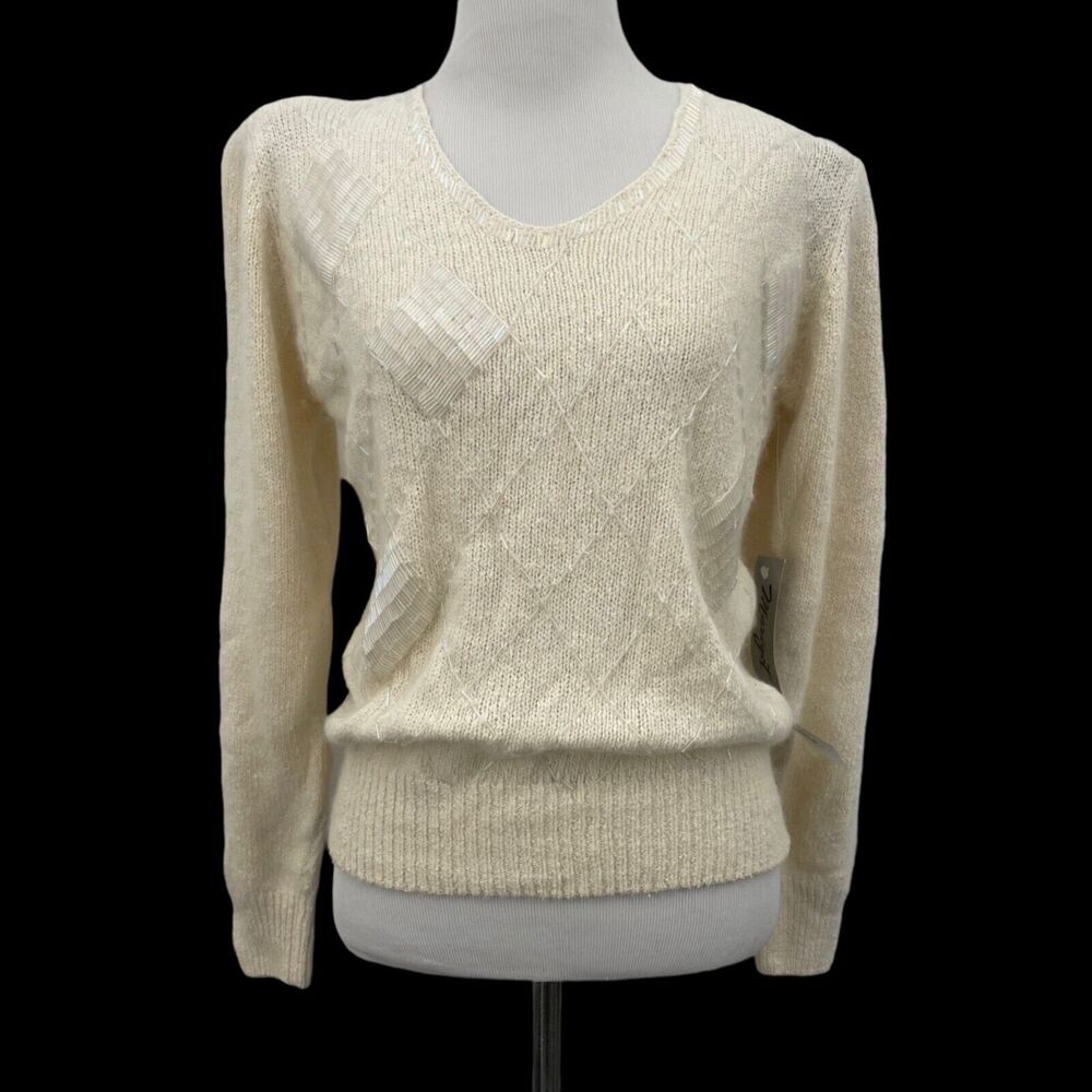 Marigot Classic Vintage Size M Ivory Silk Angora Rabbit Hair Puff Sleeve Sweater